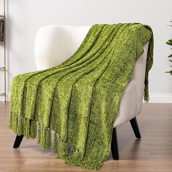 PAVILIA Olive Green Throw Blanket for Couch, Twin Size Bed, Chenille Blanket for Sofa Bed, Soft Knit Woven Blanket with Tassel, Decorative Textured Blanket for Living Room, Olive Green 60x80