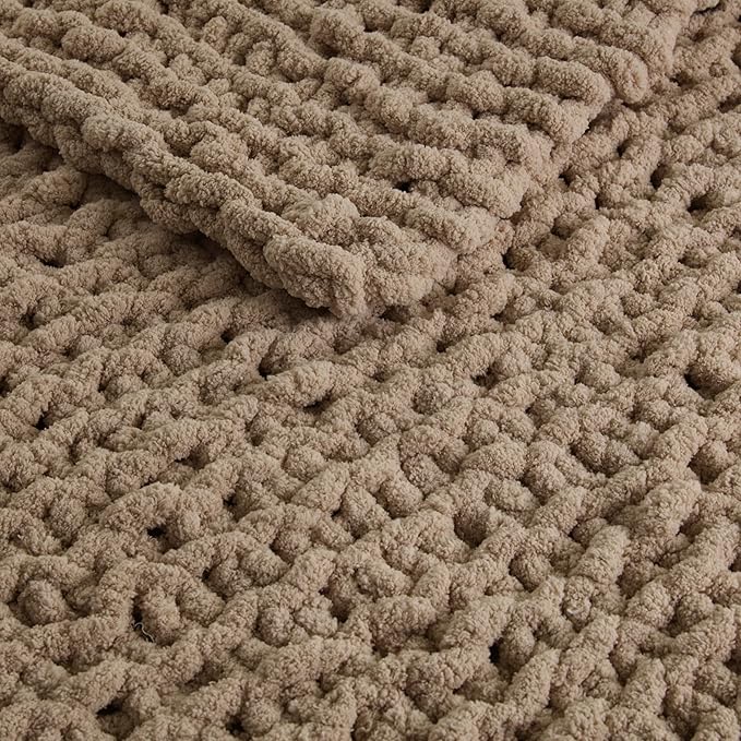 Madison Park Chenille Chunky Knit Handmade Throw Blanket, Luxuriously Soft Gift Blankets, Cottage Style Room Décor, Lightweight & Breathable All Seasons Throw Blanket for Couch, 50" W x 60" L Brown