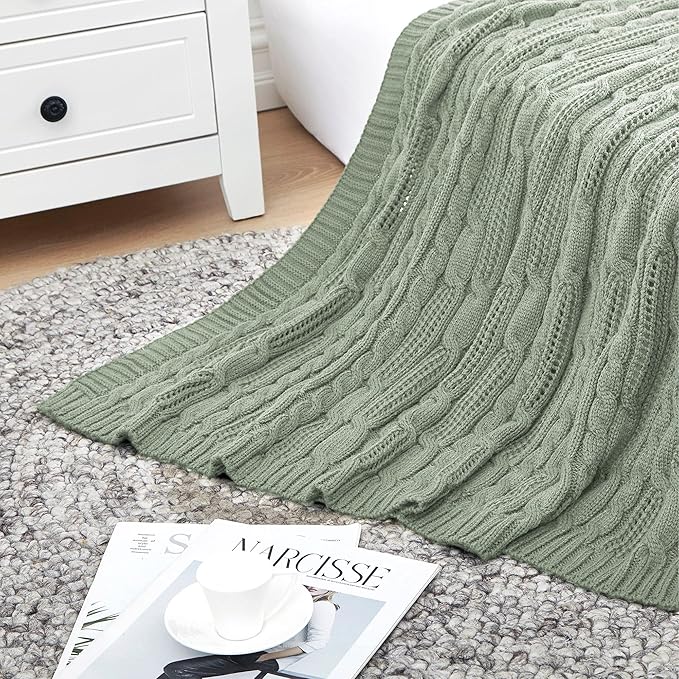Aormenzy Cable Knit Throw Blankets 50 x 60 Inches, Soft Cozy and Lightweight Knitted Blanket, Machine Washable Acrylic Blanket, Decorative Throw Blanket for Couch Sofa Bed, Sage Green