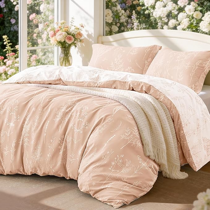 Love's cabin Dusty Rose Pink King Size Comforter Set - King Comforter Set, 3 Pieces Cute Floral Bedding Sets for All Seasons,1 Soft Reversible Botanical Flowers Comforter and 2 Pillow Shams