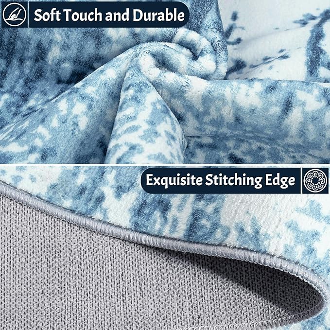 Runner Rug 2x6 Washable Rug Runners for Hallways Kitchen Non-Slip Rugs Abstract Print Soft Faux Wool Carpet Runner for Entryway Indoor, Bedroom Bedside, Laundry, Dorm, Home Decor (Blue)