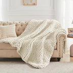Carriediosa Chunky Knit Throw Blanket 50" X 60", 100% Hand Made Large Chenille Loop Yarn Soft Fluffy Throws for Couch Sofa Bed, Big Crochet Cozy Heavy Thick Cable Woven Blanket, Light Beige