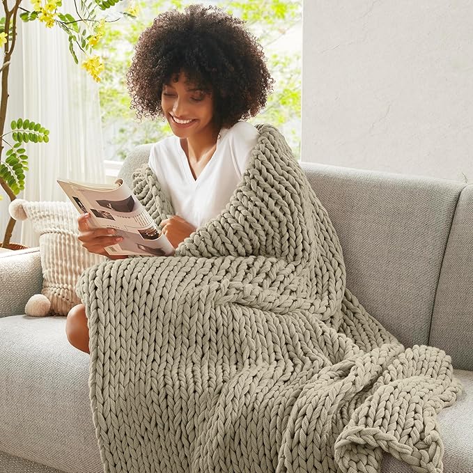 Madison Park Boho Throw, Soft Blanket Handmade Gift Home Decor, Lightweight & Breathable All Seasons Spring Chunky Knit, Knitted Throw for Couch, Bed Blanket, 50"x60" Grey
