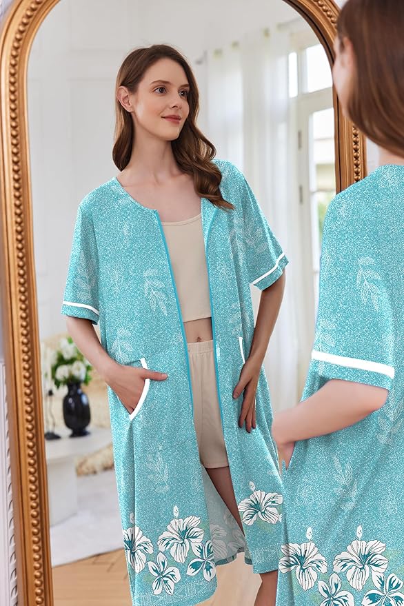 Ekouaer Women Zipper Robe Short Sleeve Duster Housecoat Short Bathrobes Zip Front Nightgown with Pockets S-3XL