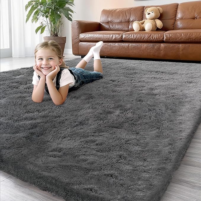Shag Grey Rug 4x6 Area Rugs for Bedroom Dorm Living Room, Non-Slip Ultra Soft Fluffy Area Rugs for Kids Room, Girls Room, Study, Office, Playroom, Easy to Clean, Modern Carpet Décor
