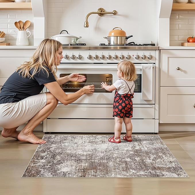 2x4 Washable Non-Slip Runner Rug – Small Throw Rug for Kitchen Floor, Bedroom, Entryway, Bathroom, Bedside – Modern Abstract Neutral Low-Pile Thin Indoor Door Mat (Brown Beige,2x4)