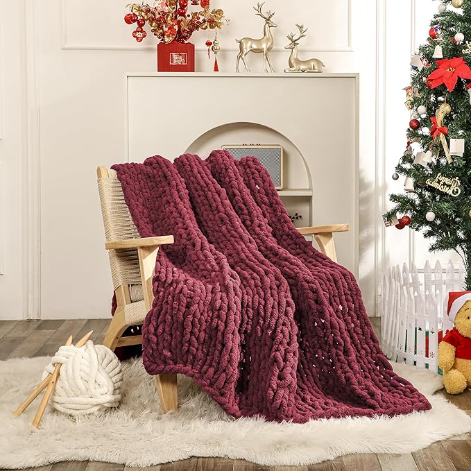 WESHIONGOO Chunky Knit Blanket Throw 51"×63" Knitted Throw Blankets for Couch Bed Fluffy Soft Blanket with Jumbo Chenille Yarn Thick 100% Handmade(Burgundy Red)