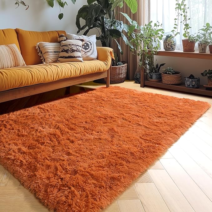 Amdrebio Burnt Orange Area Rugs for Bedroom Kids Room, Fluffy Fuzzy Shaggy Furry Small Rug 3x5 for Living Room Decor Aesthetic, Cute Plush Shag Dark Orange Carpet for Dorm Nursery Classroom Playroom