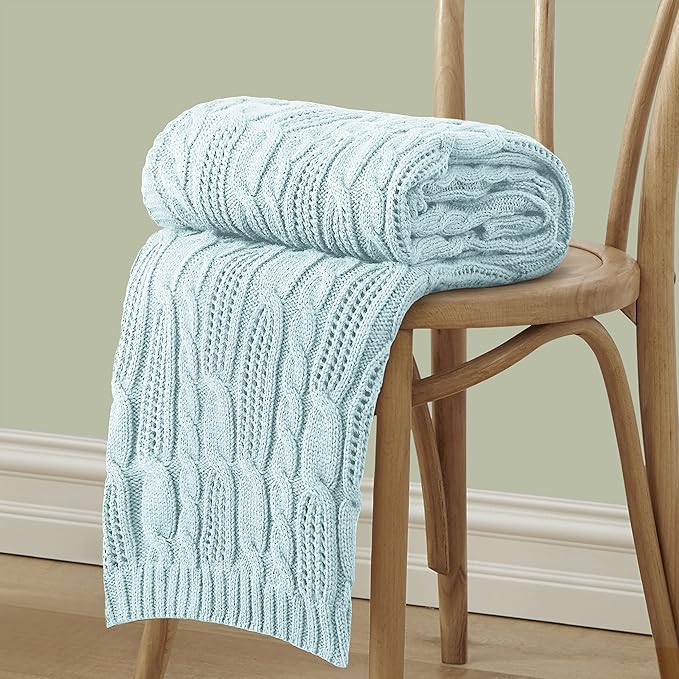 Aormenzy Cable Knit Throw Blankets 50 x 60 Inches, Soft Cozy and Lightweight Knitted Blanket, Machine Washable Acrylic Blanket, Decorative Throw Blanket for Couch Sofa Bed, Aqua Blue