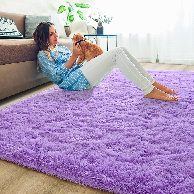 junovo 8x10 Purple Washable Area Rug for Girls Bedroom Living Room, Soft Non-Slip Fluffy Rugs, Shag Plush Memory Foam Carpet for Kids Room Baby Nursery Home Decor