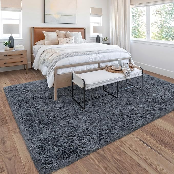 5x8 Grey Fluffy Rugs for Living Room Bedroom Soft Shaggy Fur Rug Modern Indoor Furry Floor Carpet Washable Plush Fuzzy Kids Rug for Nursery Playroom Dorm Decor