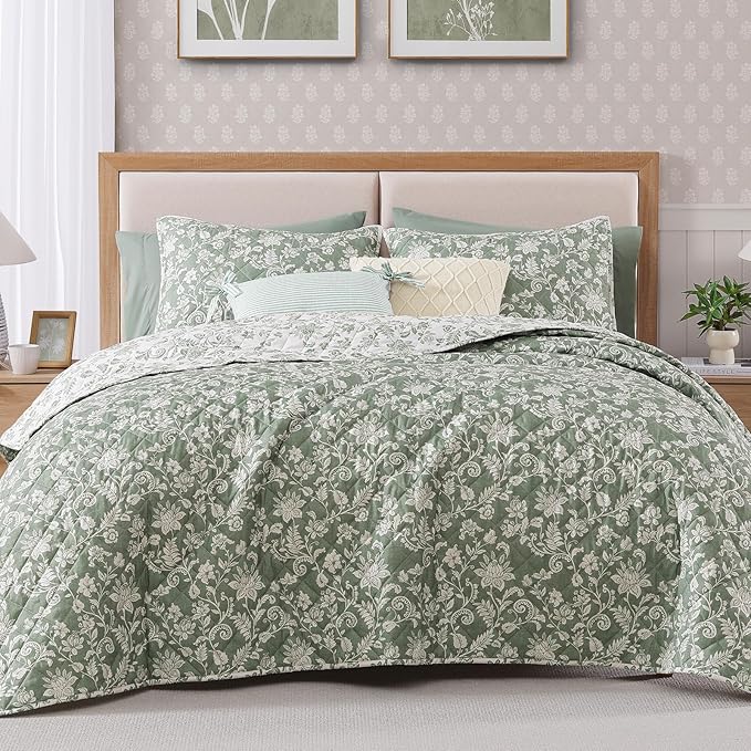 BLOOMHAVEN Quilt Set Twin Size, Green Floral Quilt Sets, Reversible Bedspread Lightweight and Breathable for All Seasons, Soft Quilted Bedspread with 1 Pillow Sham