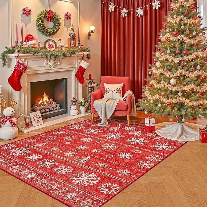 XLUEZ Area Rug 4x6 Christmas Rugs, Machine Washable Boho Christmas Tree Snowflake Rug Non-Slip Soft Low Pile Holiday Indoor Rugs for Bedroom Kitchen Dining Room Office(Xmas Red, 4'x6')