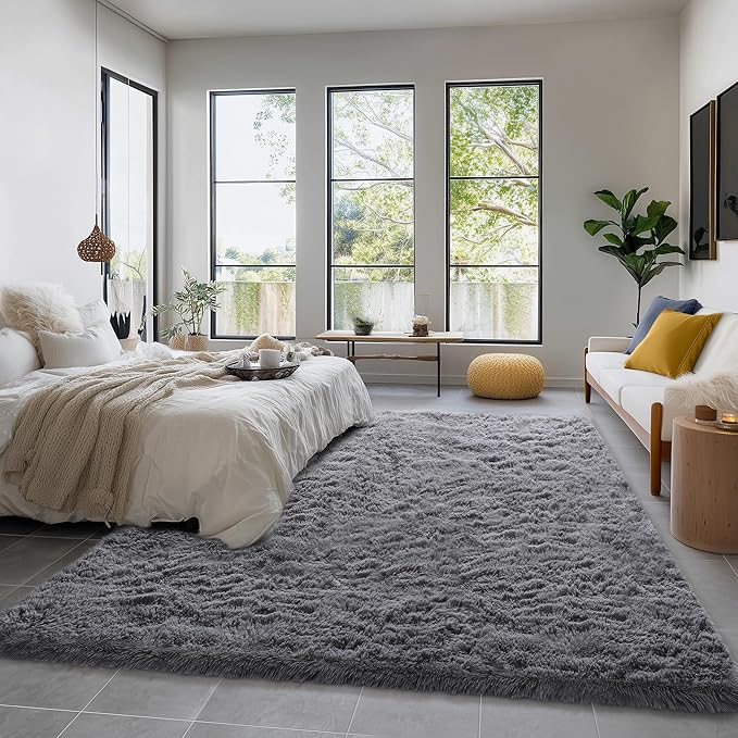Amdrebio Grey Modern Large Living Room Rugs 6x9, Fluffy Area Rug for Bedroom, Shaggy Indoor Carpet for Kids Room Decor, Fuzzy Big Carpets for Playroom, Plush Thick Farmhouse Rugs, Soft Shag Fur Rug