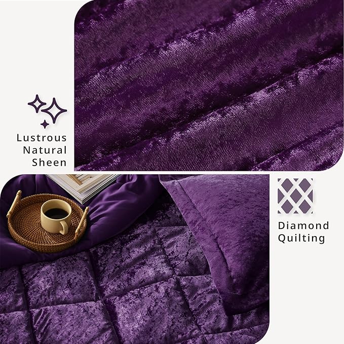 Intelligent Design Twin Comforter Set, Velvet Comforter Set , Luxury Diamond Quilting Comforter Set, Fluffy Comforter Bed Set with Decorative Pillowand 1 Sham, 3 Piece Purple, Twin/Twin XL