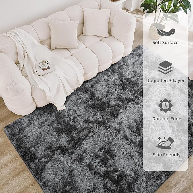Litanika 8x10 Shag Area Rug for Living Room Bedroom, Tie-Dyed Dark Grey High Pile Soft Plush Shaggy Furry Bedside Playroom Dorm Carpet, Non-Slip, Non-Shedding Modern Indoor Floor Rug