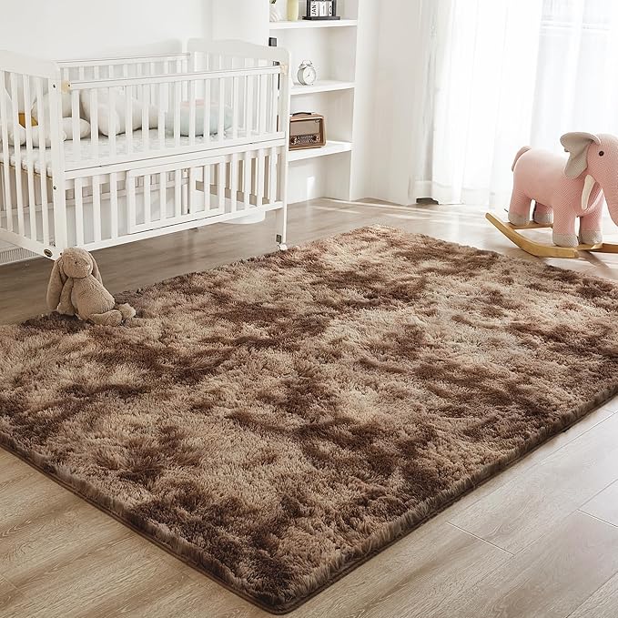 Litanika 9x12 Shag Area Rug for Living Room Bedroom, Tie-Dyed Brown High Pile Soft Plush Shaggy Furry Bedside Playroom Dorm Carpet, Non-Slip, Non-Shedding Modern Indoor Floor Rug