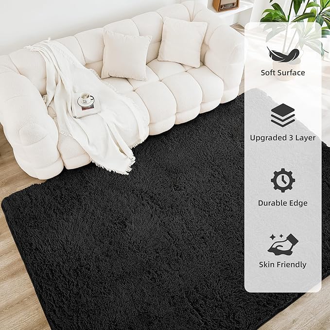 Litanika 5x8 Shag Area Rug for Living Room Bedroom, Black High Pile Ultra Soft Plush Shaggy Furry Bedside Playroom Dorm Carpet, Non-Slip, Non-Shedding Modern Indoor Floor Rug