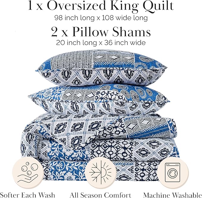 Southshore Fine Living, Inc. Global Patchwork California King Quilt Sets Oversized, 3-Piece African Inspired Print Quilt with Shams, Quilted Coverlet, Soft Microfiber, California King Bed Spread, Blue