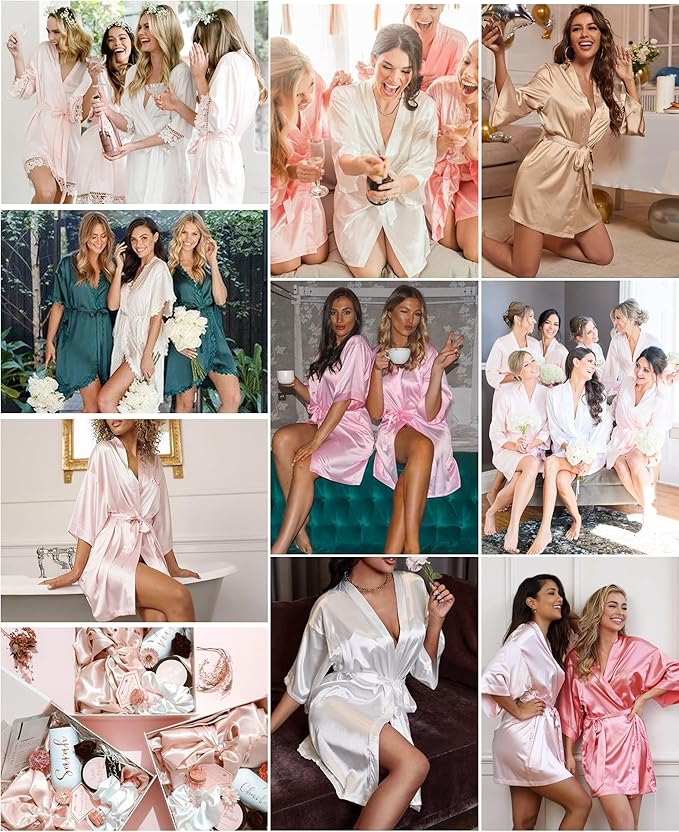 Vlazom Womens Kimono Robes Dressing Gown Satin Bathrobe Nightdress Short Style Bridal Robe