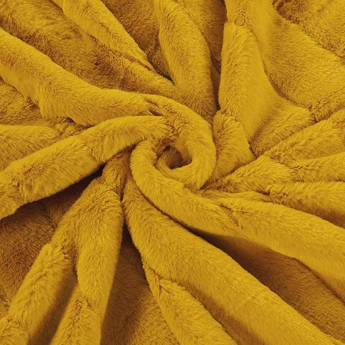 Striped Throw Blanket and Pillow Covers Set (No Inserts) for Couch and Bed, Plush Warm Lightweight Fuzzy Faux Fur Blanket for All Seasons (60" x 80", Mustard Yellow)