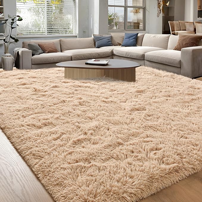ISEAU Area Rugs 9x12 Feet for Living Room Rugs, Ultra Soft Fluffy Rugs for Bedroom, Non-Slip Modern Large Shag Bedroom Rug for Boys Kids Room Dorm Home Decor, Camel