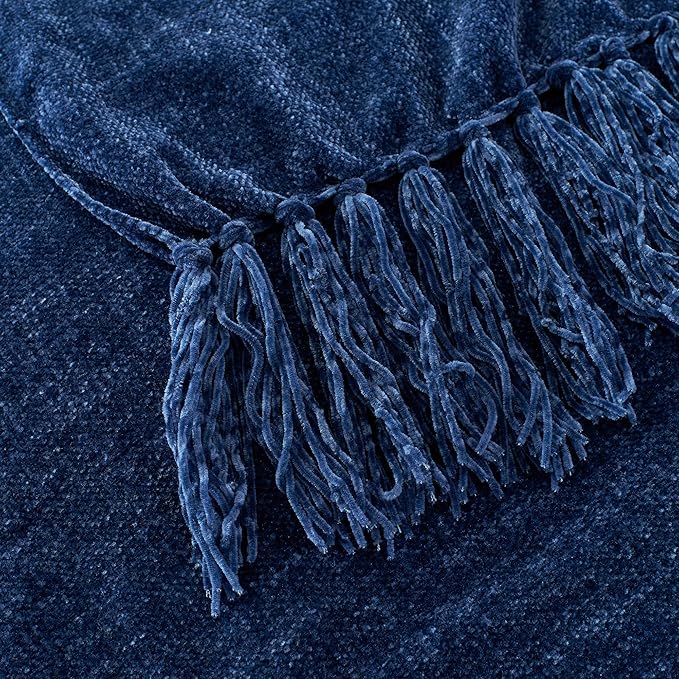 Chenille Throw Blanket for Couch with Tassels,60"X80" Soft Cozy Lightweight Knitted Boho Decorative Blankets for Bed and Sofa,Navy Blue