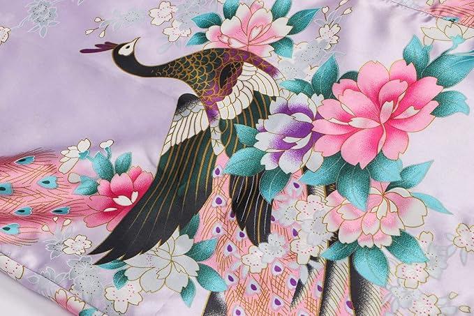 Women's Short Kimono Robes Bride and Bridesmaid Satin Floral Bathrobe Peacock Sleepwear Dressing Gown for Wedding Party