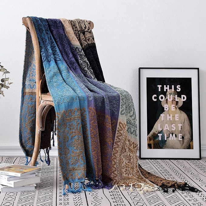 Boho Throw Blanket, Chenille Jacquard Tassels Throw Blankets for Bed Couch Sofa Chair，Bohemian Decor Couch Cover (Purple, Large 86 * 102Inches)