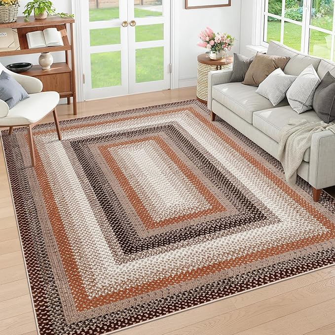 RUGSREAL Large Living Room Area Rug 10x13 Braided Washable Rug Non Slip Bedroom Carpet Stain Resistant Dining Room Throw Rug Braid Printed Farmhouse Accent Area Rug for Home Decor Office, Brown/Rust
