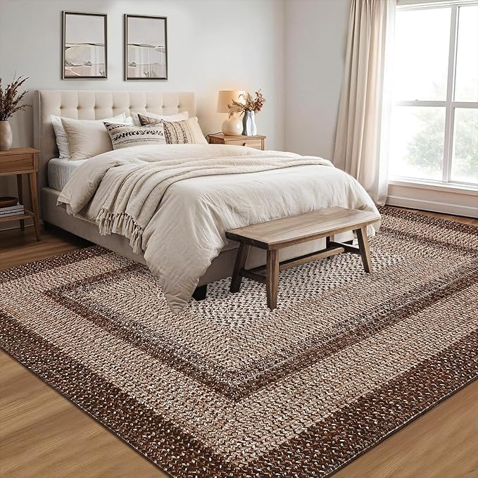 RUGSREAL 9x12 Living Room Rug Large Washable Rug Non Slip Boho Accent Carpet Indoor Throw Floor Cover Farmhouse Rustic Area Rug Bohemian Border Carpet for Bedroom Home Decor, Brown
