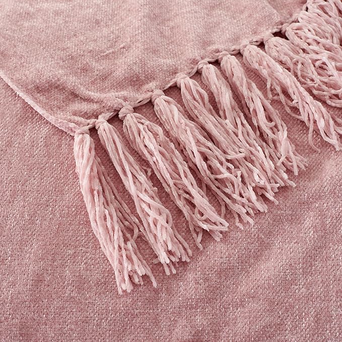Chenille Throw Blanket for Couch with Tassels,50"X60" Soft Cozy Lightweight Knitted Boho Decorative Blankets for Bed and Sofa,Pink
