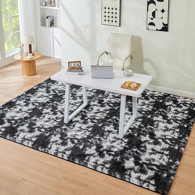 Litanika 8x10 Fluffy Shag Faux Fur Area Rug for Living Room Bedroom, Tie-Dyed Black White High Pile Soft Plush Shaggy Furry Bedside Playroom Dorm Carpet, Non-Slip, Non-Shedding Modern Indoor Floor Rug