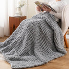 Bunnikins & Clover Chunky Knit Throw Blanket for Couch, Light Grey Throw Blanket for Home Decor, Handmade Chenille Cable Knit Throw Crochet Blanket, 50"x60"