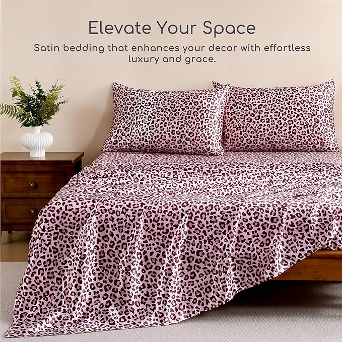 MR&HM Satin Sheets with Elastic Corner Straps, Twin XL Size 3-Piece Silky Bedding Set, Deep Pocket 15 Inches, Good for Hair & Skin (Twin XL, Pink Leopard)