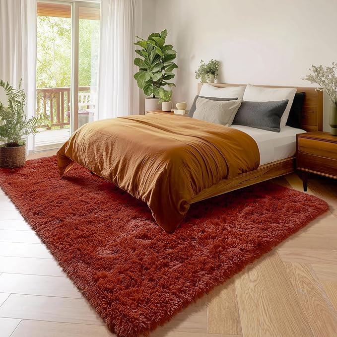 Amdrebio Terracotta Rust Area Rugs for Bedroom Living Room, 6x9 Shaggy Furry Fuzzy Fluffy Rug for Kids Room Decor Aesthetic, Large Cute Plush Shag Rustic Carpet for Nursery Dorm Classroom Playroom