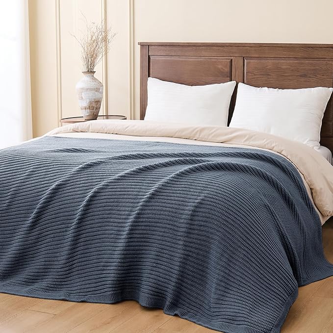 Chunky Knit Dusty Blue Throw Blanket Soft Cozy Decorative Blanket for Couch Sofa Bed Living Room, Spring Throw 50"x60"