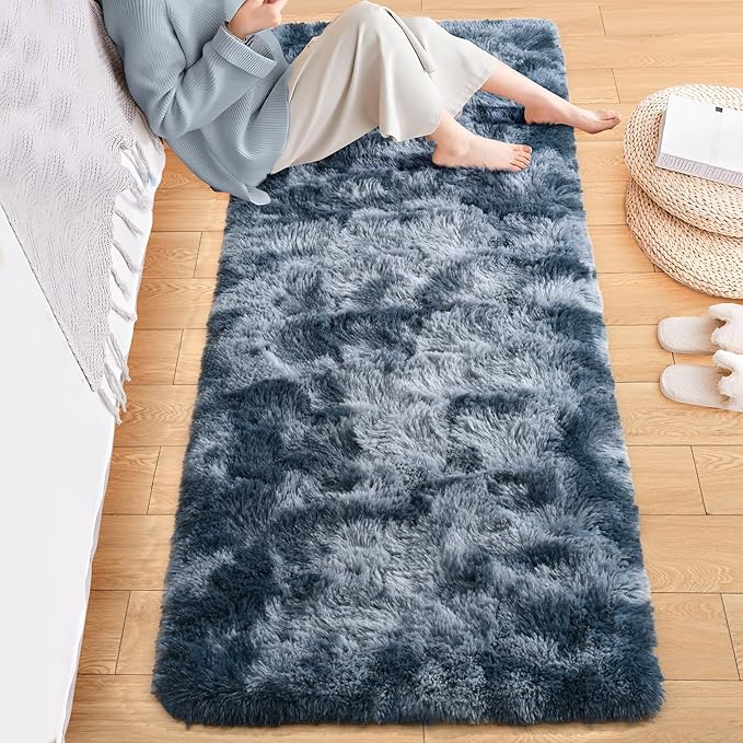 ISEAU Runner Rug for Bedroom, 2x6 Feet Shag Area Rug with Upgrade Non Slip, Fluffy Carpet Runner for Hallway, Fuzzy Soft Living Room Rugs for Boys Bedroom Decor, Dark Blue