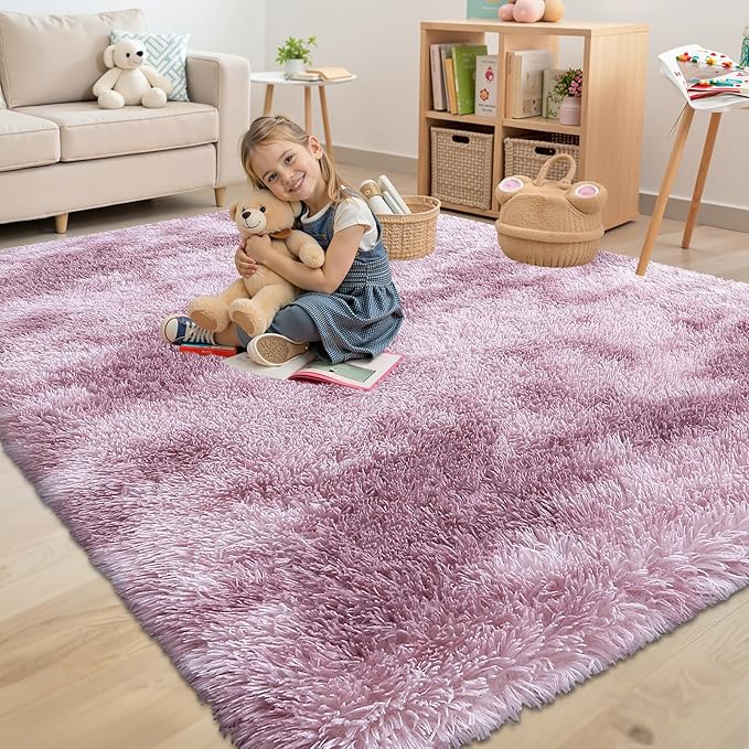 OLANLY Area Rugs for Living Room Bedroom, Machine Washable 4x5.9 Feet Soft Fluffy Shaggy Bedside Rug, Indoor Floor Carpet for Kids Girls and Boys, Dorms, Home Decor Aesthetic, Dusty Pink Tie-dye
