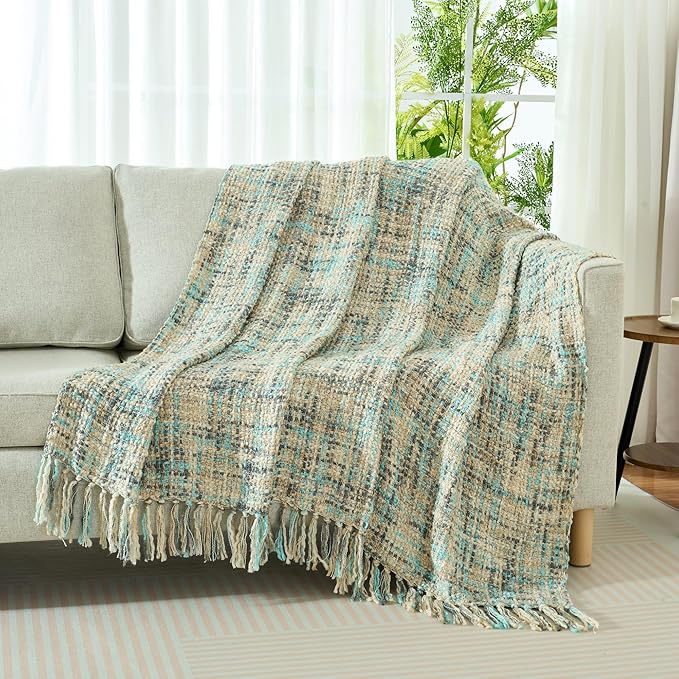 Multi-Color Blue Grey Cable Woven Throw Blanket for Couch,50"X60" Boho Style Textured Blankets for Home Decor,Super Soft Warm Cozy Chunky Blanket with Decorative Tassels for Bed