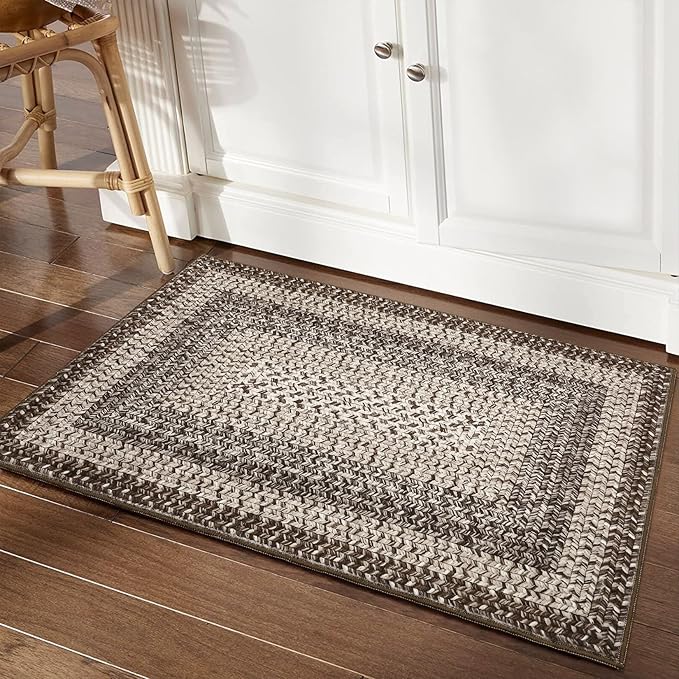 RUGSREAL Entryway Rug 2x3 Small Bedside Throw Mat with Rubber Backing Machine Washable Living Room Rug Non Slip Bathroom Mat Stain Resistant Braided Print Carpet for Dining Room Kitchen Hallway, Mocha