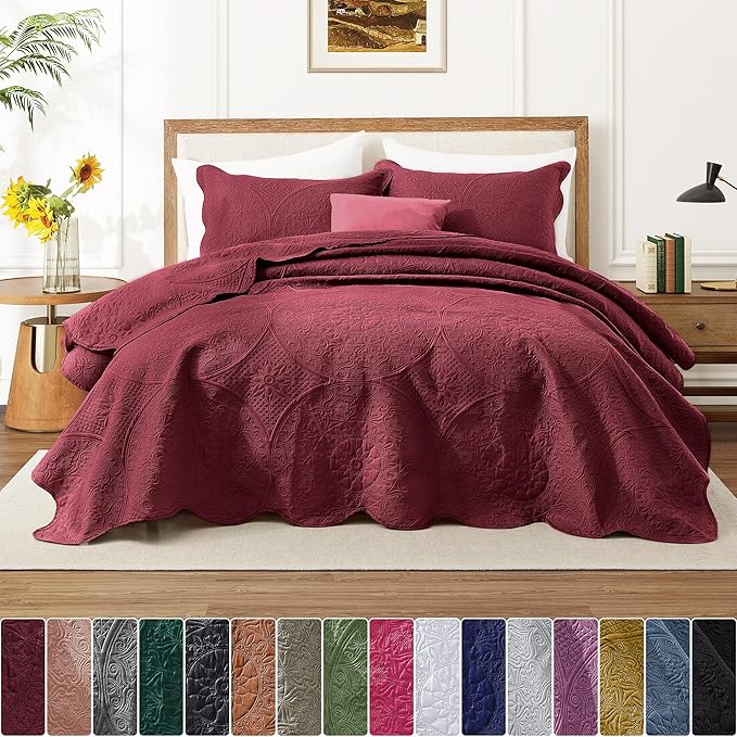 IR Imperial Rooms King Quilt Bedding Set Size (106" x 96") + 2 Pillow Shams (20" x 36"+ 2") - 3 Pcs All Season Lightweight Reversible Microfiber Coverlet Floral Embossed Quilt Bedspread (Burgundy)