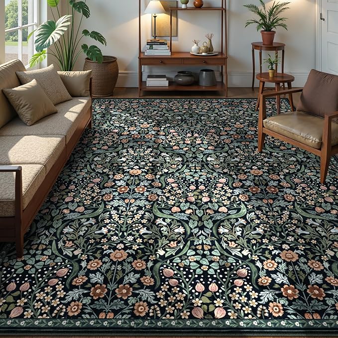 Lahome Claude Floral 9x12 Black Rug for Living Room, Boho Thin Stain Resistant Dining Room Rugs for Under Table, Soft Carpet with Rubber Backing for Guestroom