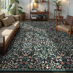 Lahome Claude Floral 9x12 Black Rug for Living Room, Boho Thin Stain Resistant Dining Room Rugs for Under Table, Soft Carpet with Rubber Backing for Guestroom