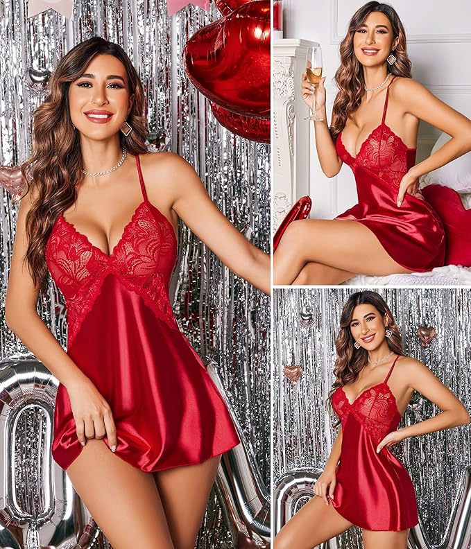 Avidlove Women Lingerie V Neck Sexy Nightwear Satin Sleepwear Lace Chemise Mini Babydoll Nightgown