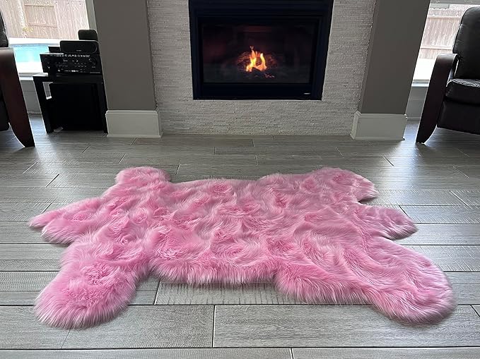 LAMBZY Bear Skin Rug Super Soft Fluffy Faux Fur for Bedroom Floor Sofa Living Room High-Density Plush Shaggy Carpet Sofa Cover Bedside Sheepskin Rug (3'x5', Pink)