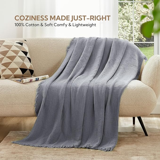 SOULFUL Muslin Throw Blanket with Tassels - Soft King Size Cotton Throw Blanket for Couch or Bed, Lightweight and Breathable Gauze for All Seasons, LightChampagne, 108" x 90"