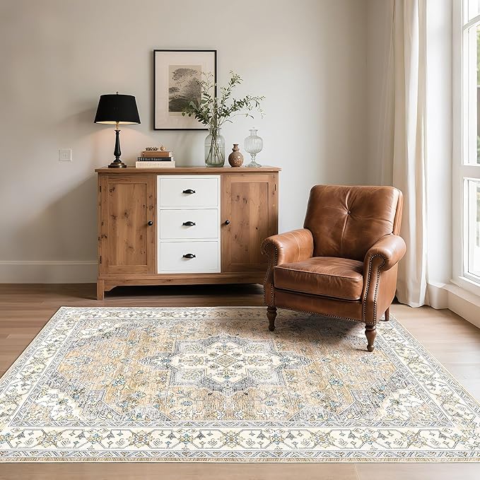 CRYPTOLITE Vintage Area Rug 5x7 Rugs, Machine Washable Rug Non-Slip Low Pile Rug for Living Room, Bedroom, Farmhouse, Dining Room, Beige