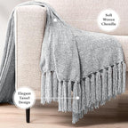 PAVILIA Light Gray Chenille Throw Blanket for Couch, Sofa Bed - Soft Knit Woven with Tassel, Decorative for Chair Living Room - Light Grey 50x60