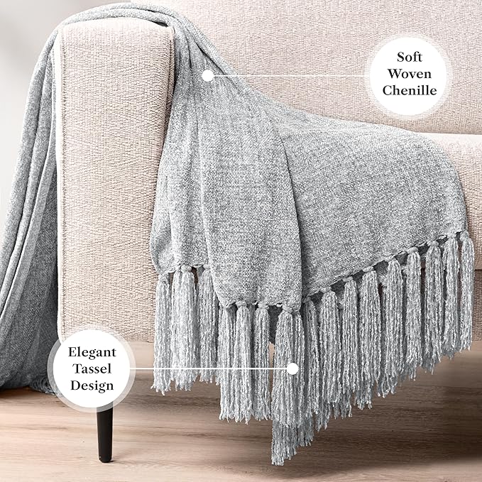 PAVILIA Light Gray Chenille Throw Blanket for Couch, Sofa Bed - Soft Knit Woven with Tassel, Decorative for Chair Living Room - Light Grey 50x60